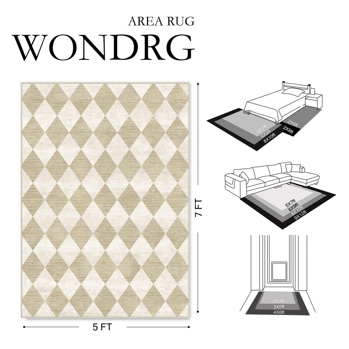 WondRg 5x7 Checkered Beige Area Rug for Living Room Bedroom Washable Soft Modern Non Slip Thin Throw Rug Lightweight Low Pile Neutral Carpet Dining Room Nursery Playroom Office