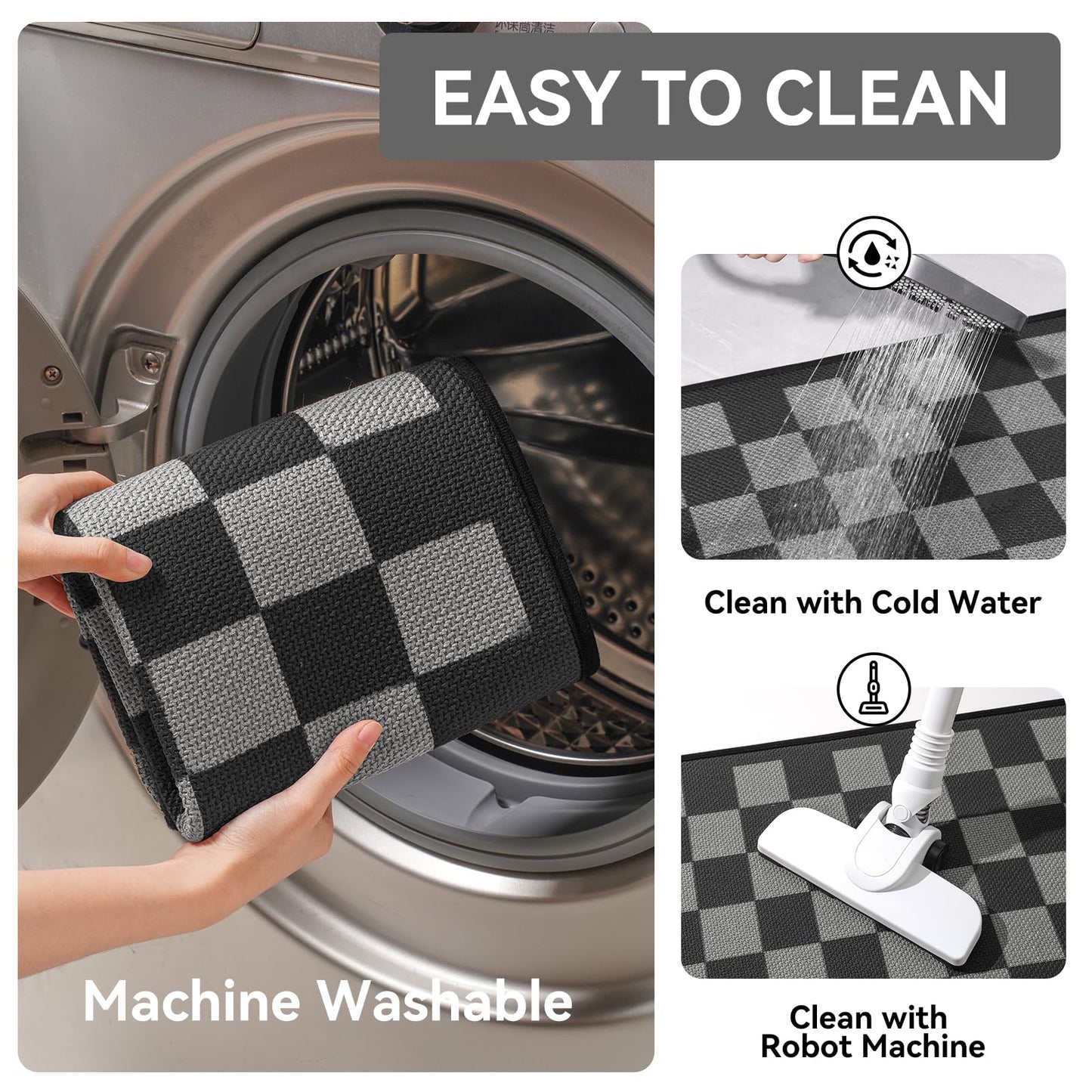 YDKGL Kitchen Mats for Floor Kitchen Rugs Non Slip Washable, Super Absorbent Linen-Look Woven Runner Rug, Kitchen Sink Mat Standing Mat, Black Gray Checkered 17"x47"