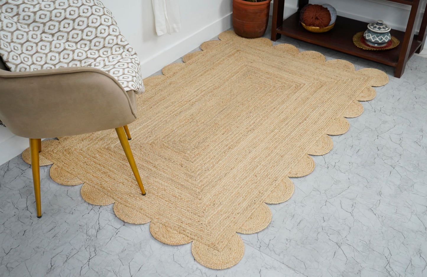 NISGAUR Scallop Jute Rug Natural Fiber Boho Décor Sustainable Rug, Natural/Beige, 3x5 Feet
