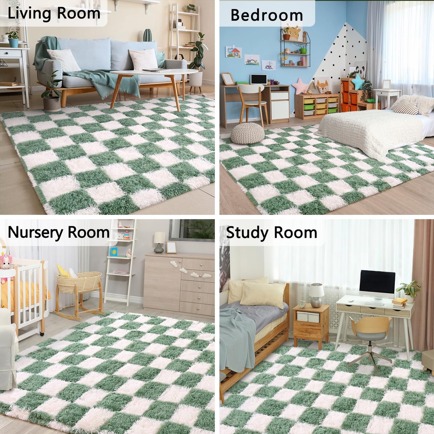 Nuttumico 4x6 Feet Sage Green White Checkered Rug, Fluffy Plaid Area Rug for Bedroom Living Room, Soft Shag Shaggy Carpet for Girls Room, Nursery Dorm, Non-Slip, High Pile
