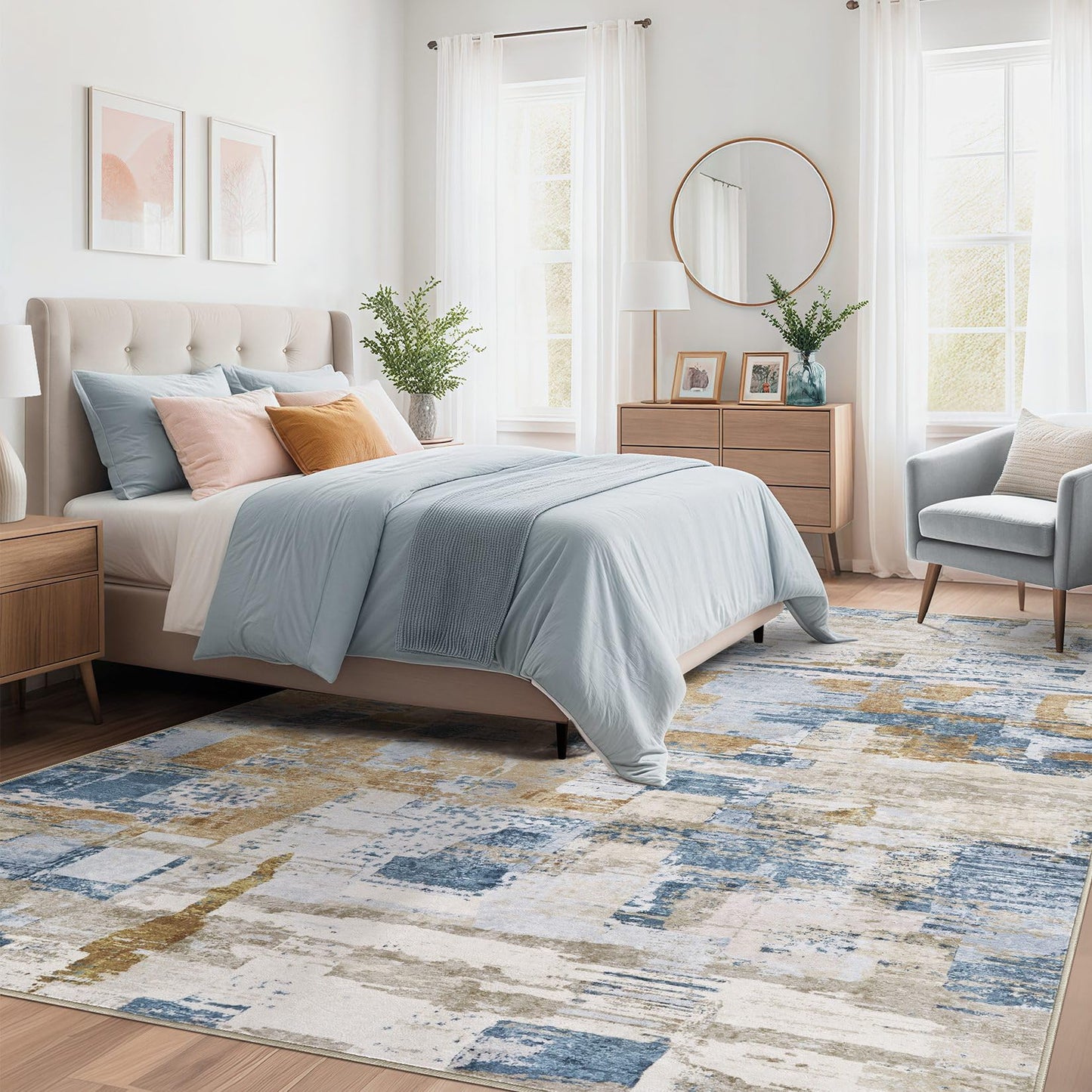 kakania 6x9 Washable Area Rug - Abstract Soft Non-Slip Modern Low-Pile Carpet for Living Room Bedroom Office Dorm, Kid Pet Safe Robot Vacuum Friendly - Blue