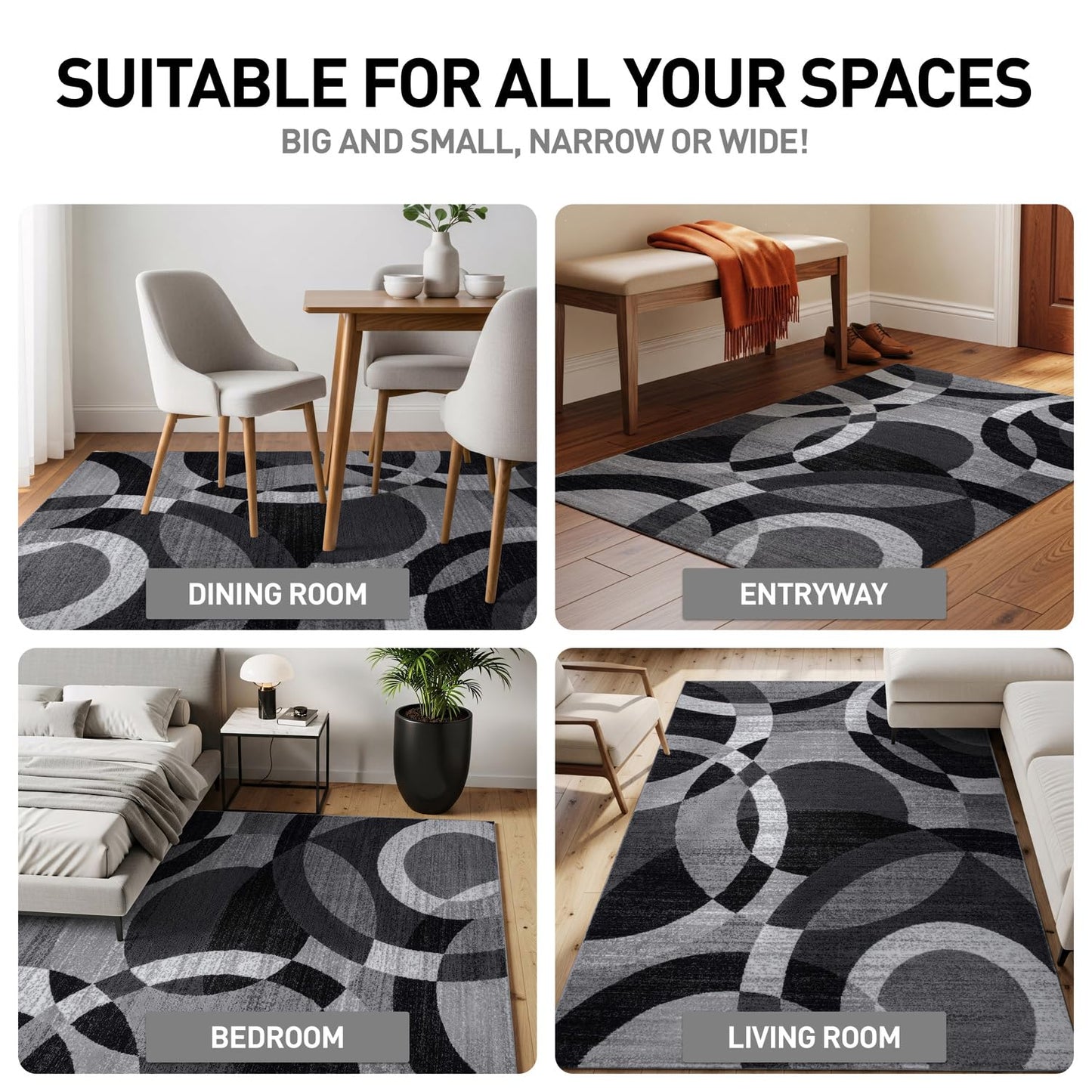 Rugshop Gray Modern Geometric Area Rug, Abstract Circles, High-Traffic, Non-Shedding, for Bedroom, Home Office and Small Living Room, 3'3" x 5'