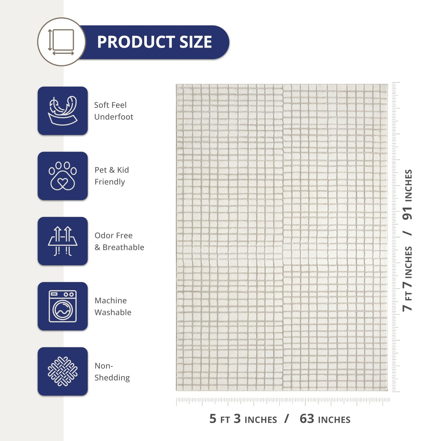 Abani Cream Grid Textured Area Rug - 5 x 8' - Chunky, Plush and Soft Washable Carpet - Perfect for Living Room & Bedroom - Plush Deco Collection