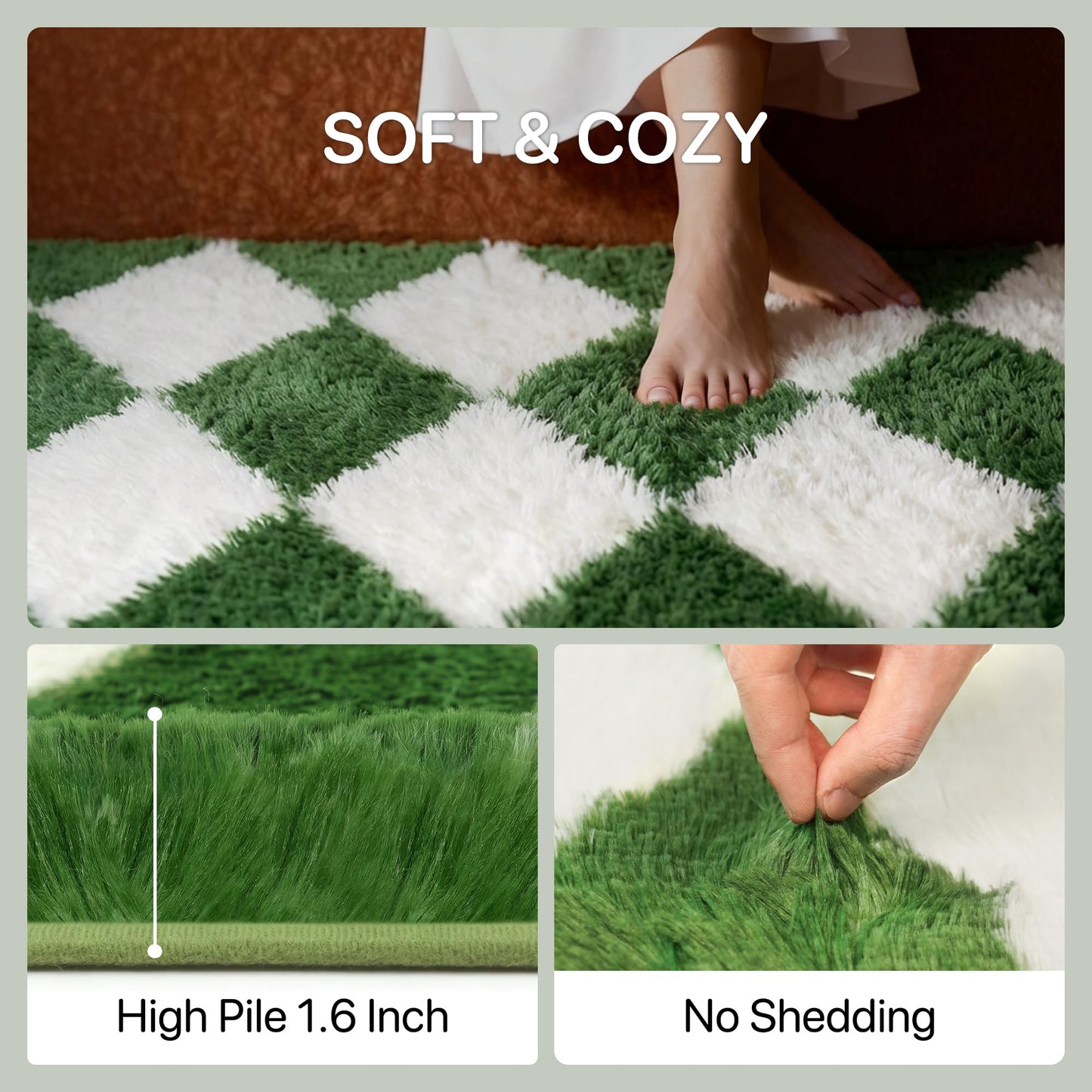 GENIMO Checkered Rug 5x7 Area Rugs for Kids Bedroom Soft Shag Rug Fluffy Fuzzy Carpet Plush Rugs for Living Room Nursery Playroom Dorm Modern Home Decor Aesthetic, Green and White