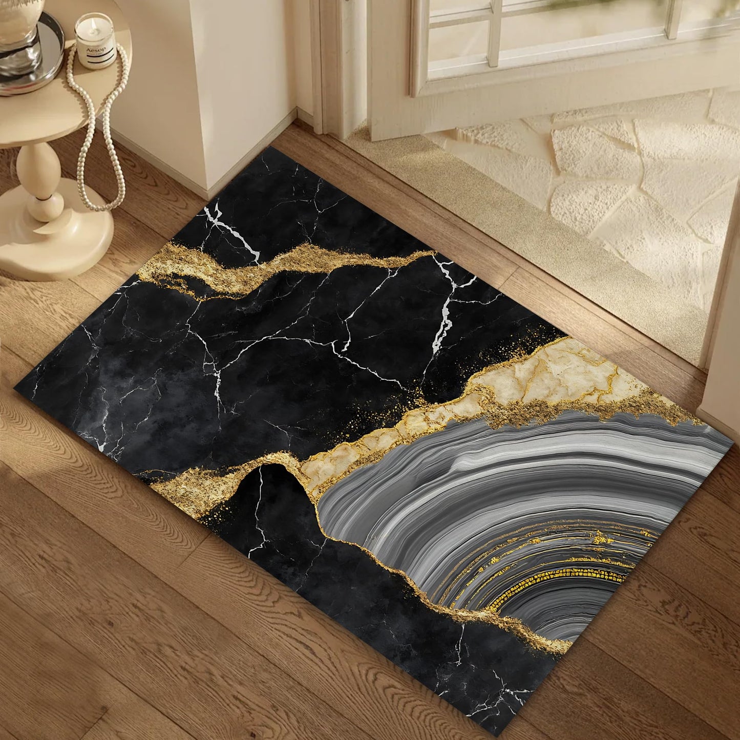 Indoor Rugs for Entryway,Black Gold Marble Welcome Mat for Home,Modern Simple Low Profile Entrance Rugs Non-Slip Doormats for Back Door Patio, Porch,Home Stairway,30 x 17 Inch