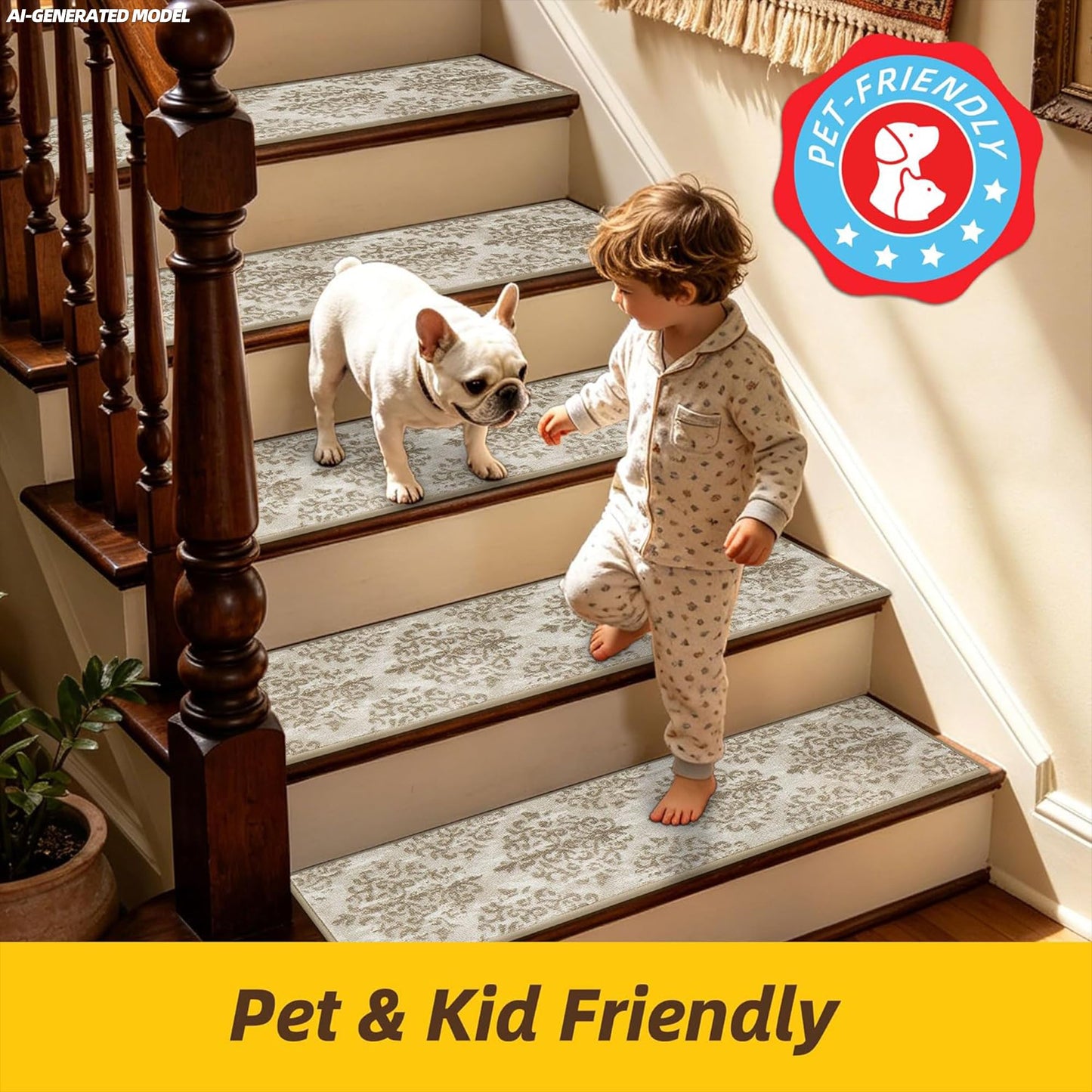 JSEI Stair Treads for Wooden Steps, 15 Pack 8" X 30" Non-Slip Machine Washable Carpet Stair Treads with TPE Backing, Indoor Stair Rug Runner for Kids Elders & Pets, Polyester, Light Beige/Brwon
