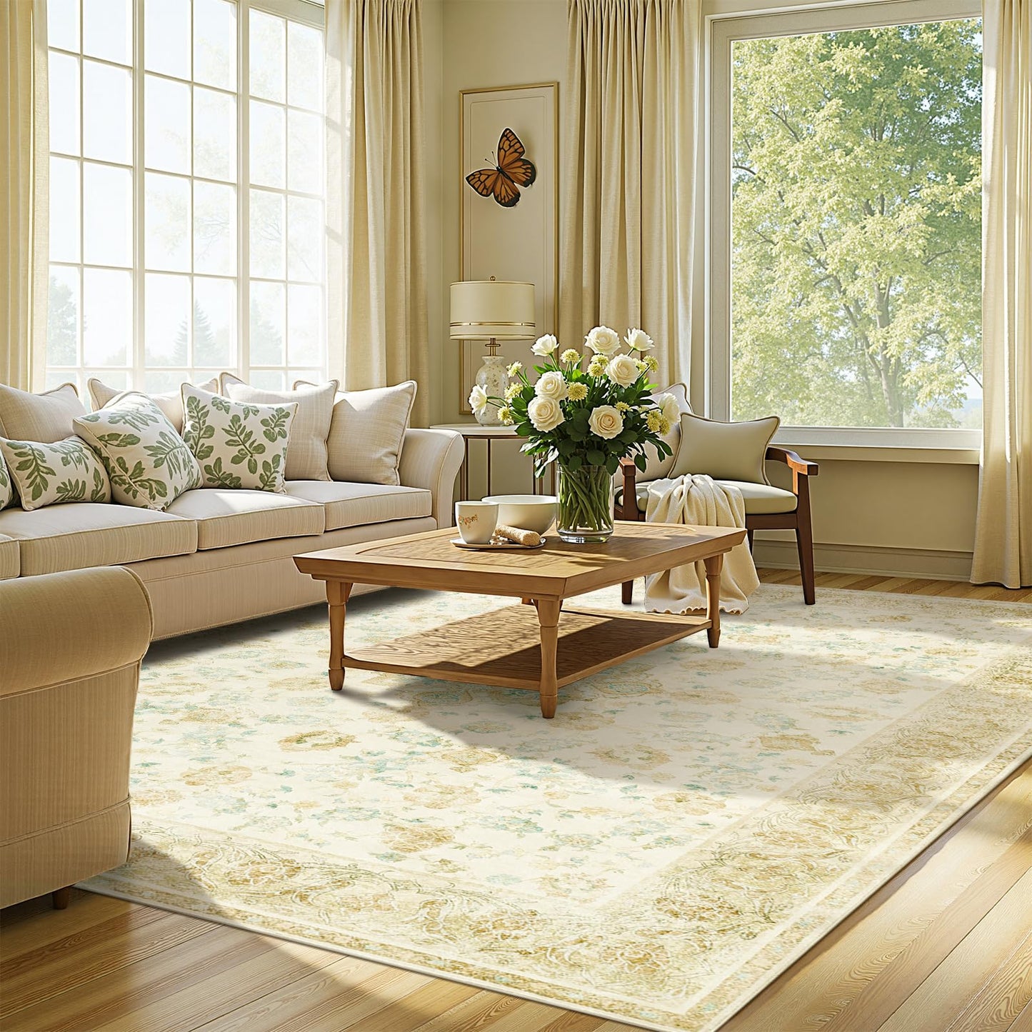 jinchan Washable Area Rug 6x9 for Living Room - Soft Thin Stain Resistant Non Slip Distressed Spring Floral Large Carpet for Bedroom Dining Room Home Office Nursery(Yellow Green/Teal, 6'x9')