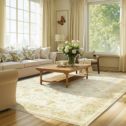 jinchan Washable Area Rug 6x9 for Living Room - Soft Thin Stain Resistant Non Slip Distressed Spring Floral Large Carpet for Bedroom Dining Room Home Office Nursery(Yellow Green/Teal, 6'x9')