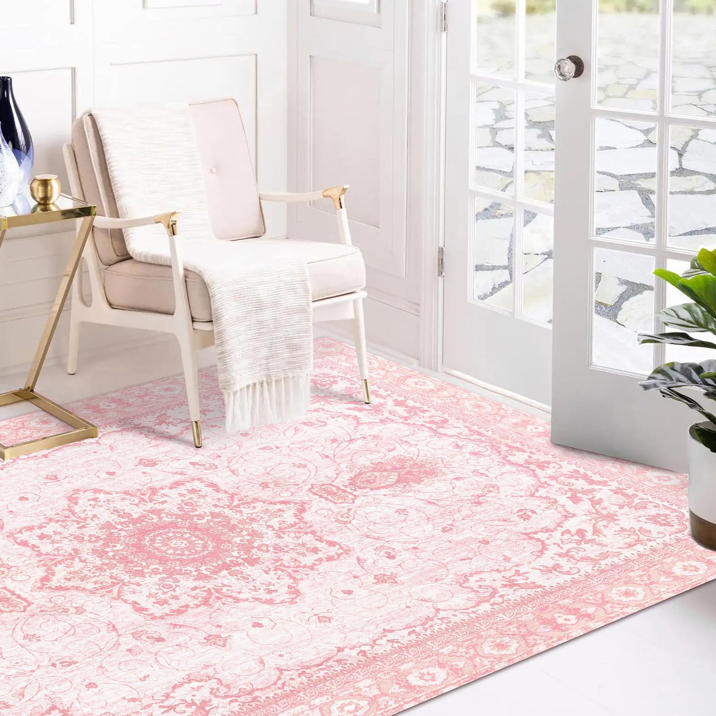 Sofrug Area Rug 5x7 - Vintage Floral Honeycomb Non Slip Backing Carpet - Pink Softer Thicker Faux Wool Rug - Foldable & Machine Washable Rugs for Living Room Bedroom Nursery Room Home Office