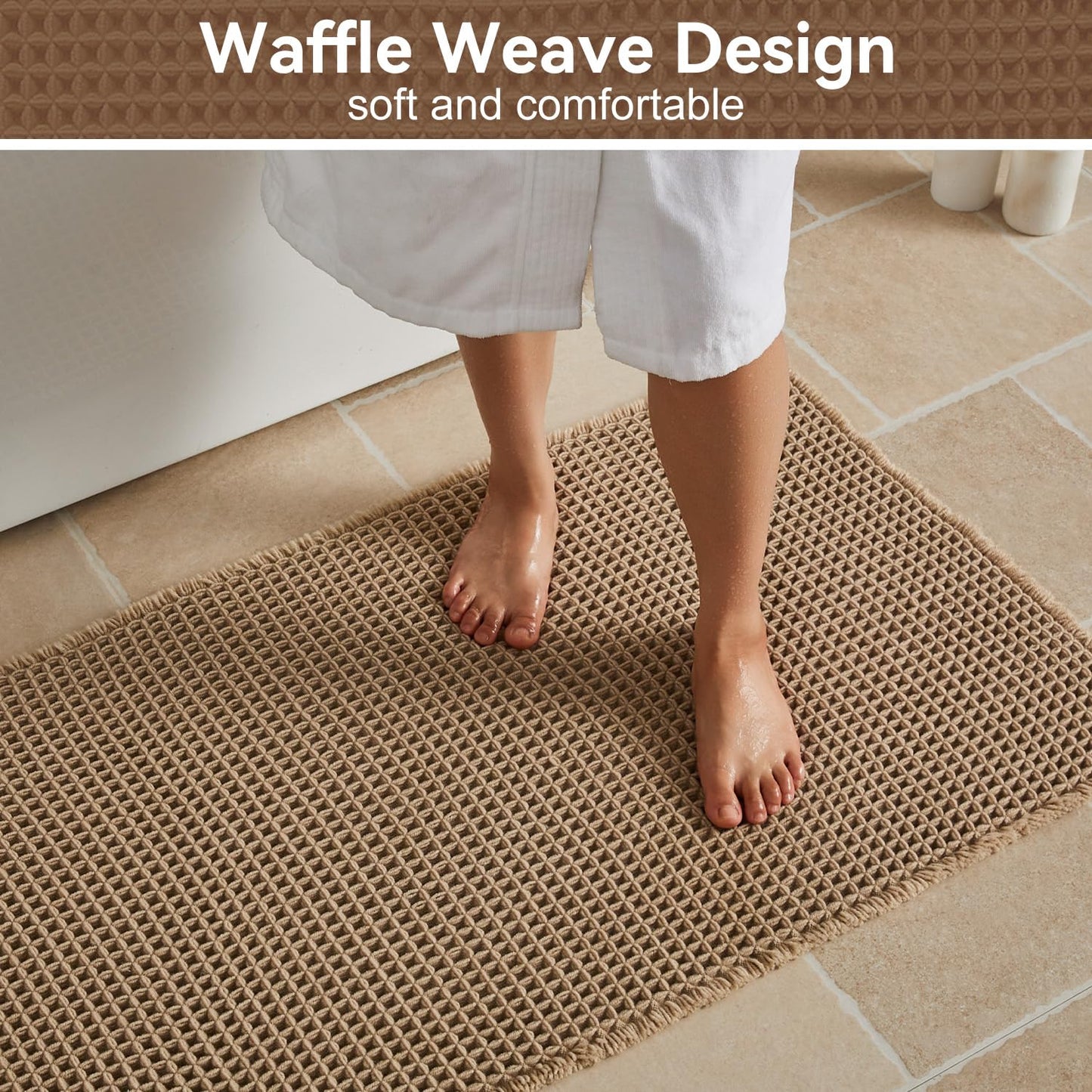 Triohero Waffle Bath Mat, Small Boho Bathroom Rugs Non Slip Washable, Ultra Soft Super Absorbent Quick Dry Farmhouse Bathroom Decor, 16" x 24", Khaki
