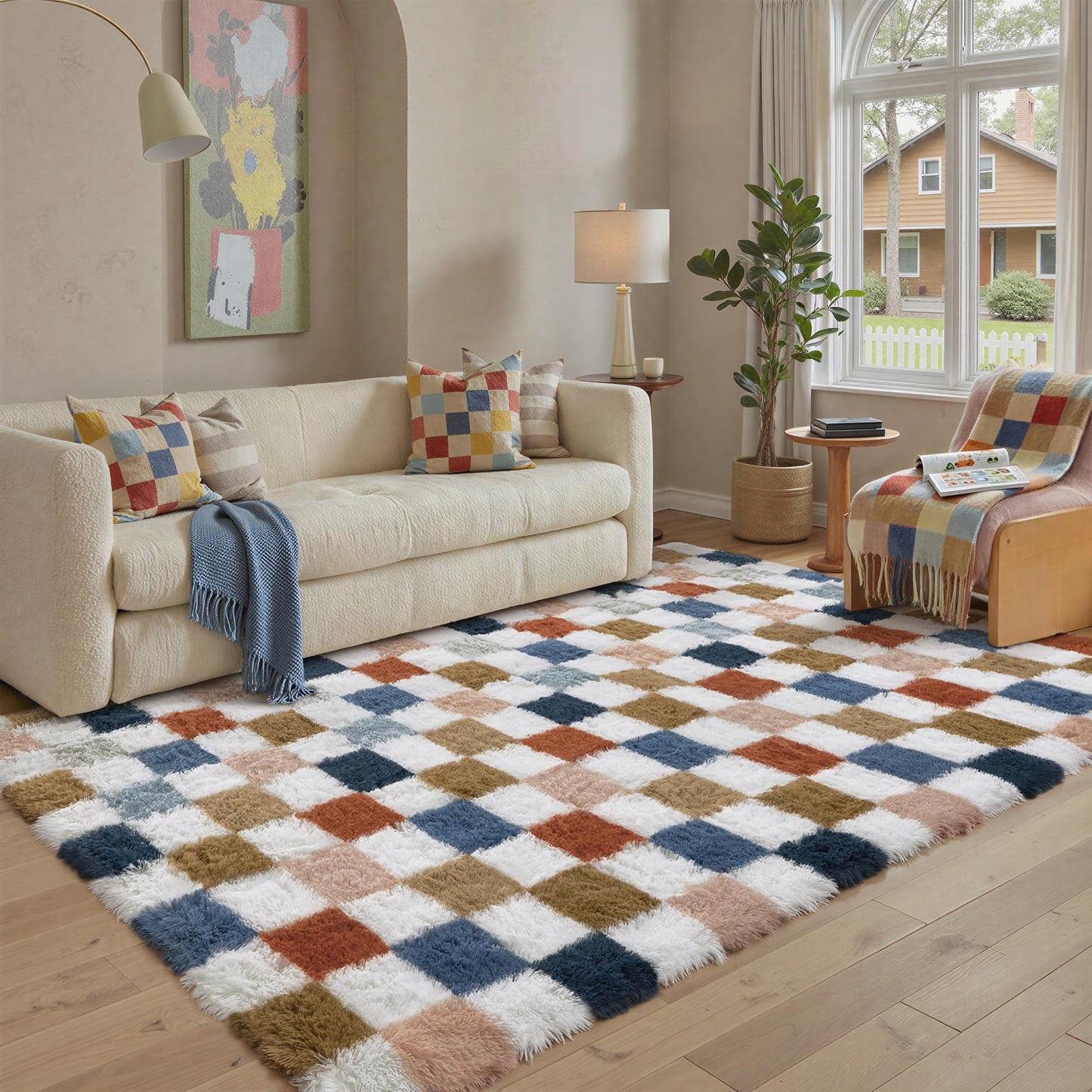 PureCozy Checkered Rug 6x9 for Living Room, Modern Rainbown Shag Rug Washable Non-Slip Large Area Rug Super Soft Indoor Fuzzy Carpet Fluffy Rugs for Bedroom Home Aesthetic Decor
