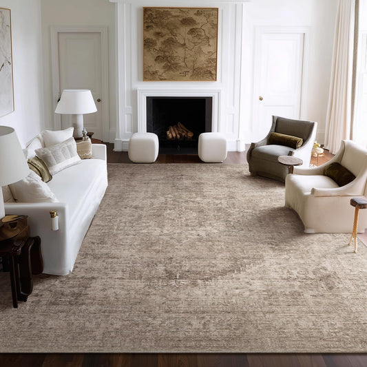 Machine Washable Rugs for Living Room: 9x12 Area Rugs for Bedroom Ultra Soft Non-Slip Low Pile Vintage Distress Boho Large Carpet for High-Traffic Dining Room - Farmhouse Decor