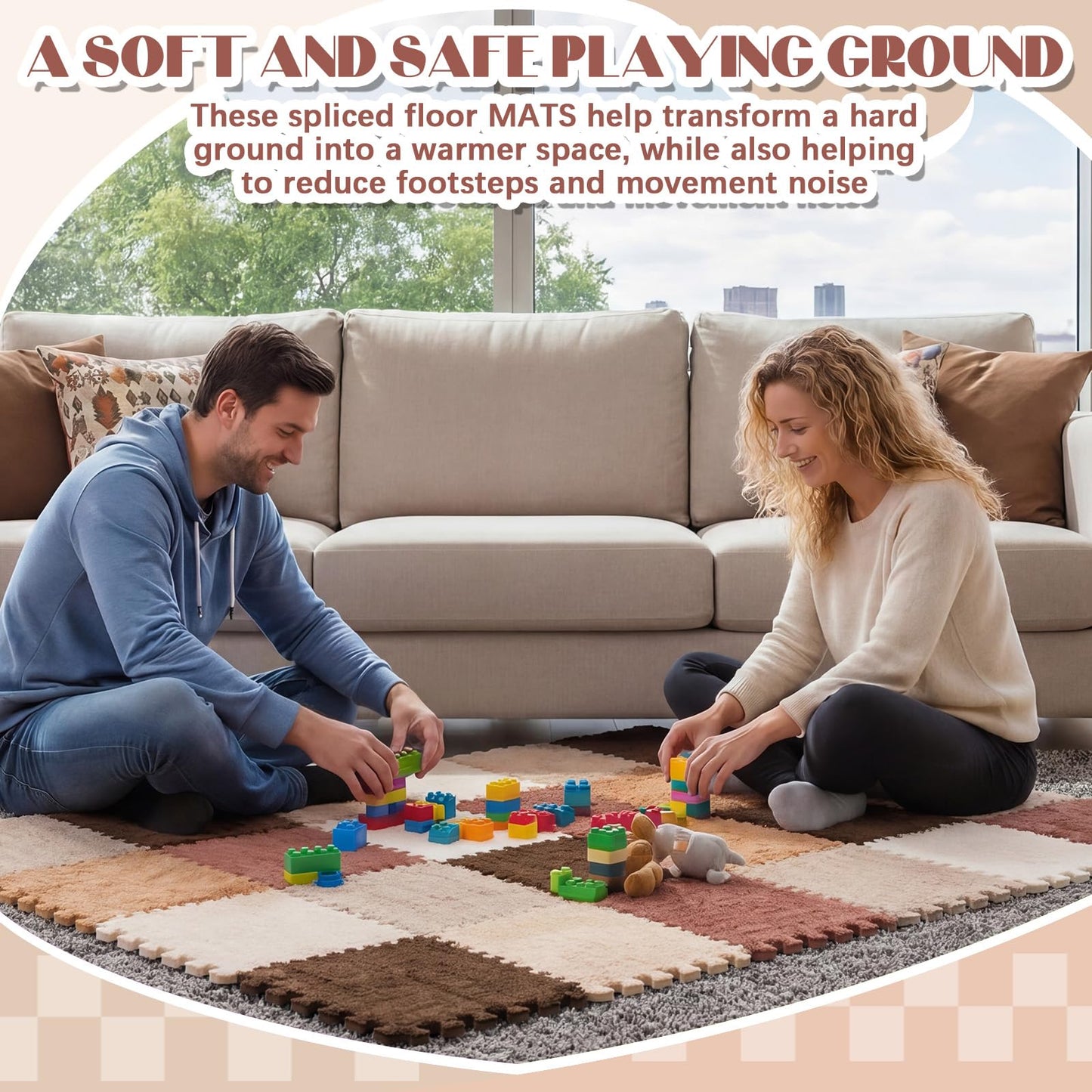 Tinideya 18 Pcs Plush Interlocking Carpet Tiles, 12 x 12 x 0.4 Inch EVA Foam Puzzle Mat Squares, Soft Washable Anti Slip Floor Mat for Bedroom, Nursery, Playroom, Living Room, Farmhouse Colors