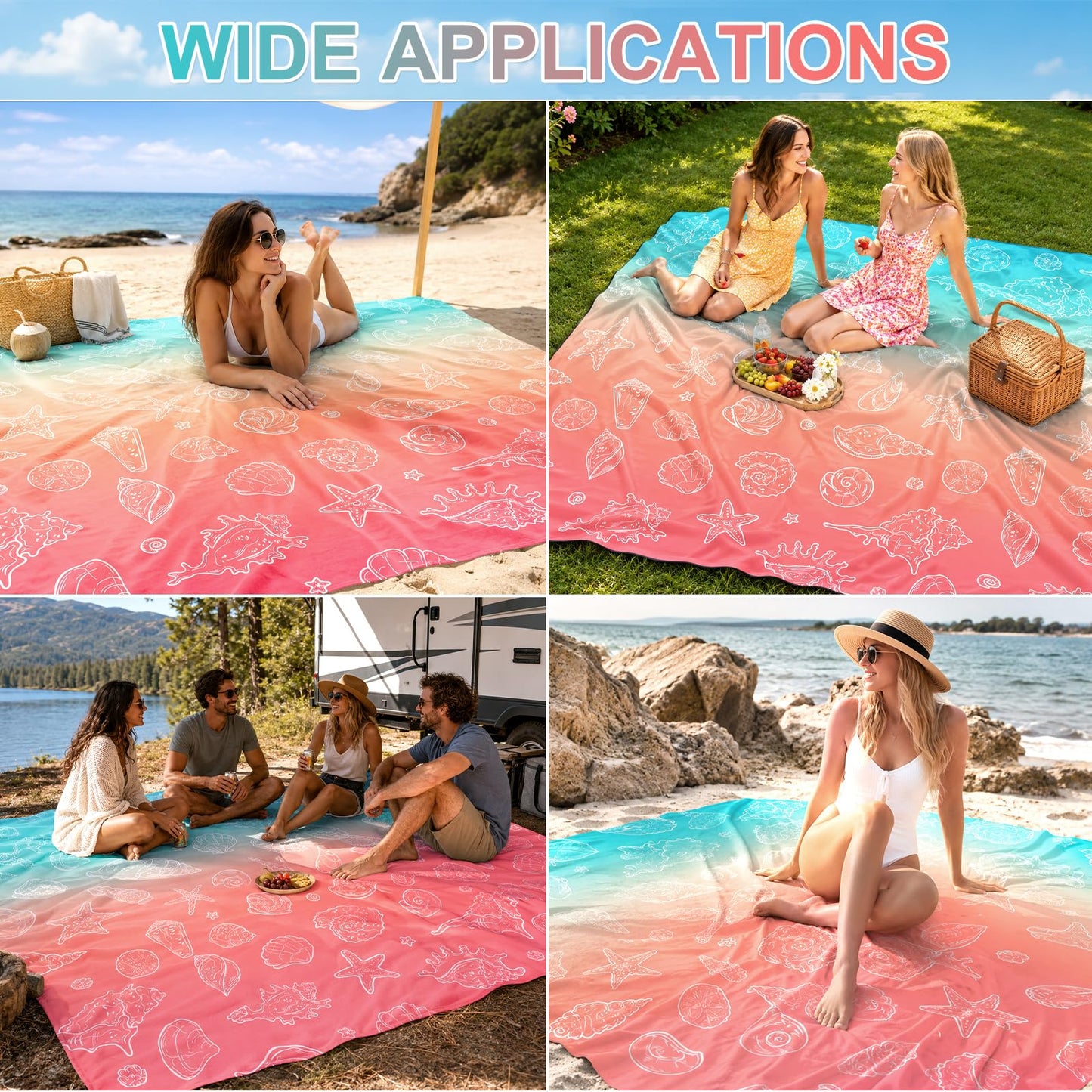 Beach Blanket Waterproof Sandproof 8 X 7 Ft Beach Mat 3–4 Adults Extra Large Outdoor Picnic Mat with Stakes & Travel Bag Foldable Beaches Essentials for Summer Outdoor Picnic Camp (Seashell Starfish)
