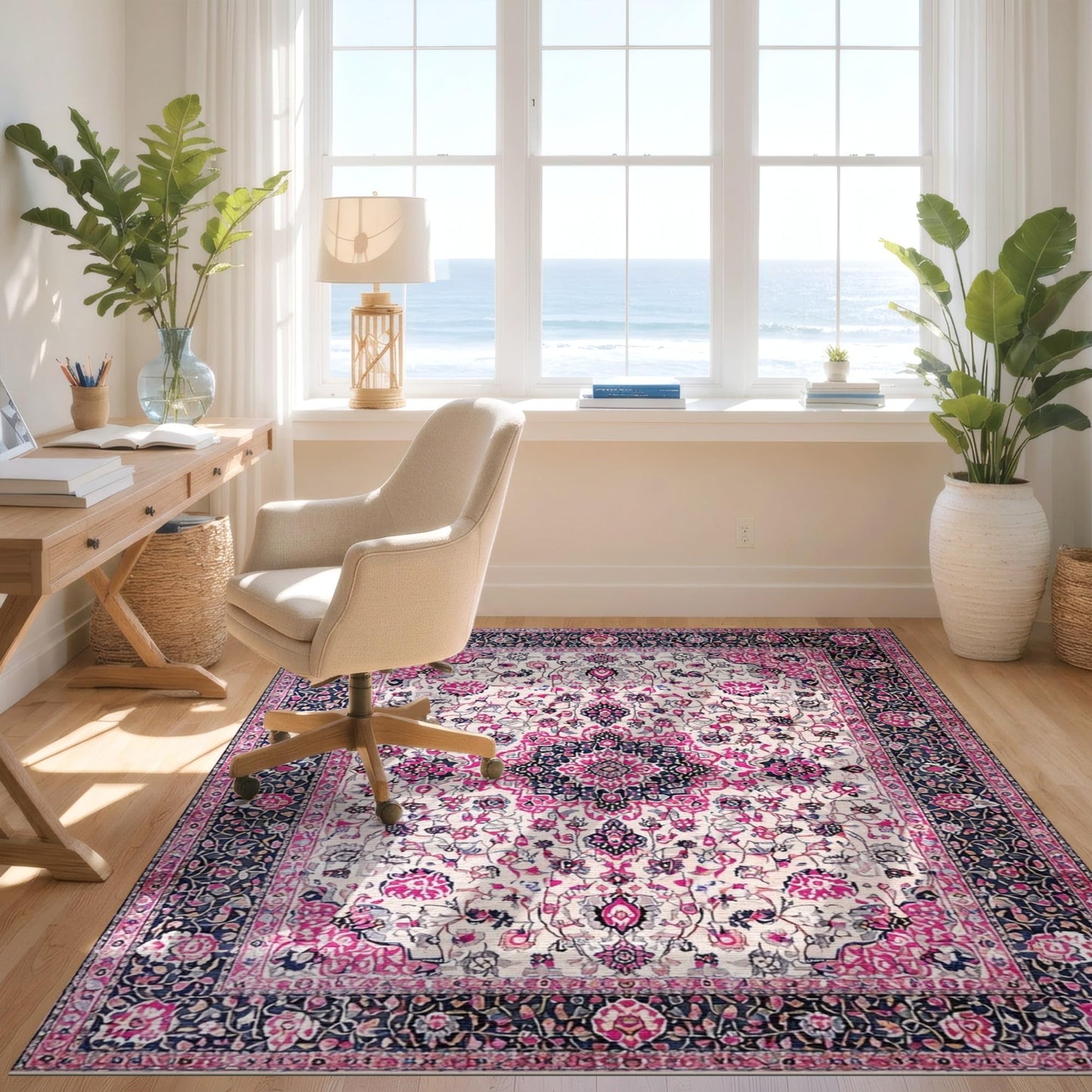 Design&I 4'x6' Black and Pink Faded Scroll Centerpiece Washable Area Rug
