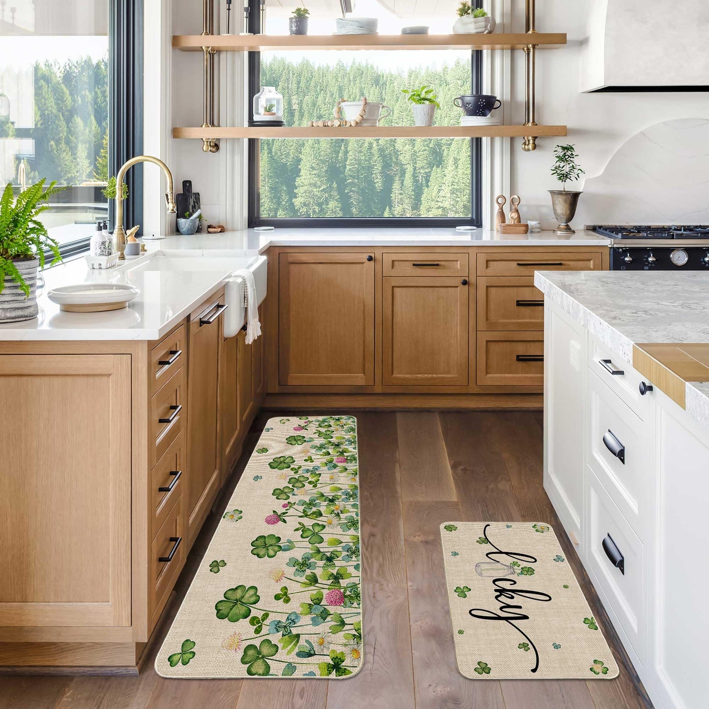 Printspree Lucky Clover Kitchen Rugs Set of 2, Shamrock and Floral Design for Kitchens, Doorways, and St. Patrick's Day Decor, Non-Slip Rubber Backing Floor Mats, 17x29 and 17x47 Inch