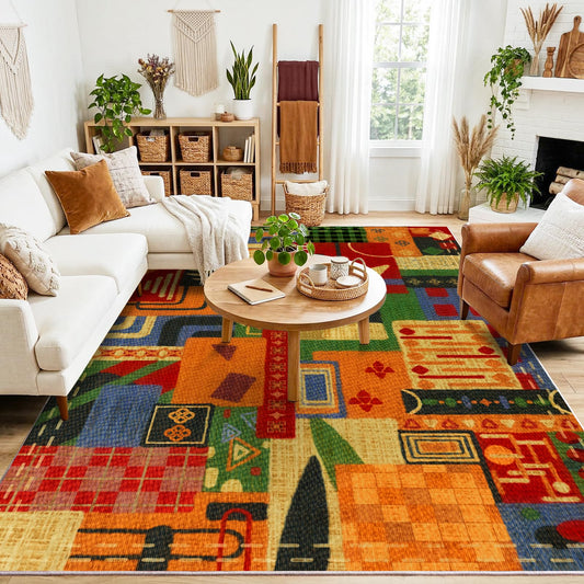 8x10 Abstract Tribal Patchwork Large Area Rug, Colorful Boho Tribal Geometric Rugs for Living Room, Non Slip Low Pile Washable Indoor Carpet Rug for Bedroom, Entryway, Dining Room, Home Office Decor