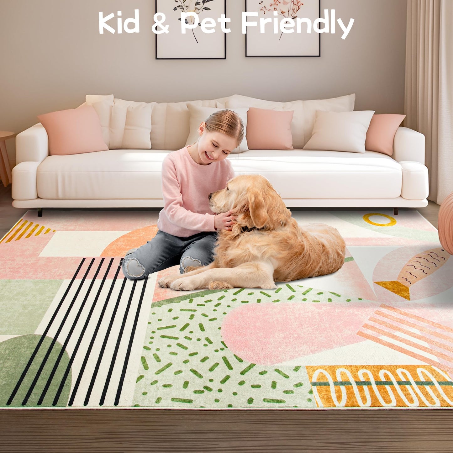 Tepook Pink Area Rug for Living Room, 8x10 Indoor Carpet for Bedroom Washable, Non-Slip Abstract Print Kids Rug for Nursery Playroom Classroom Dorm Office Dining Room