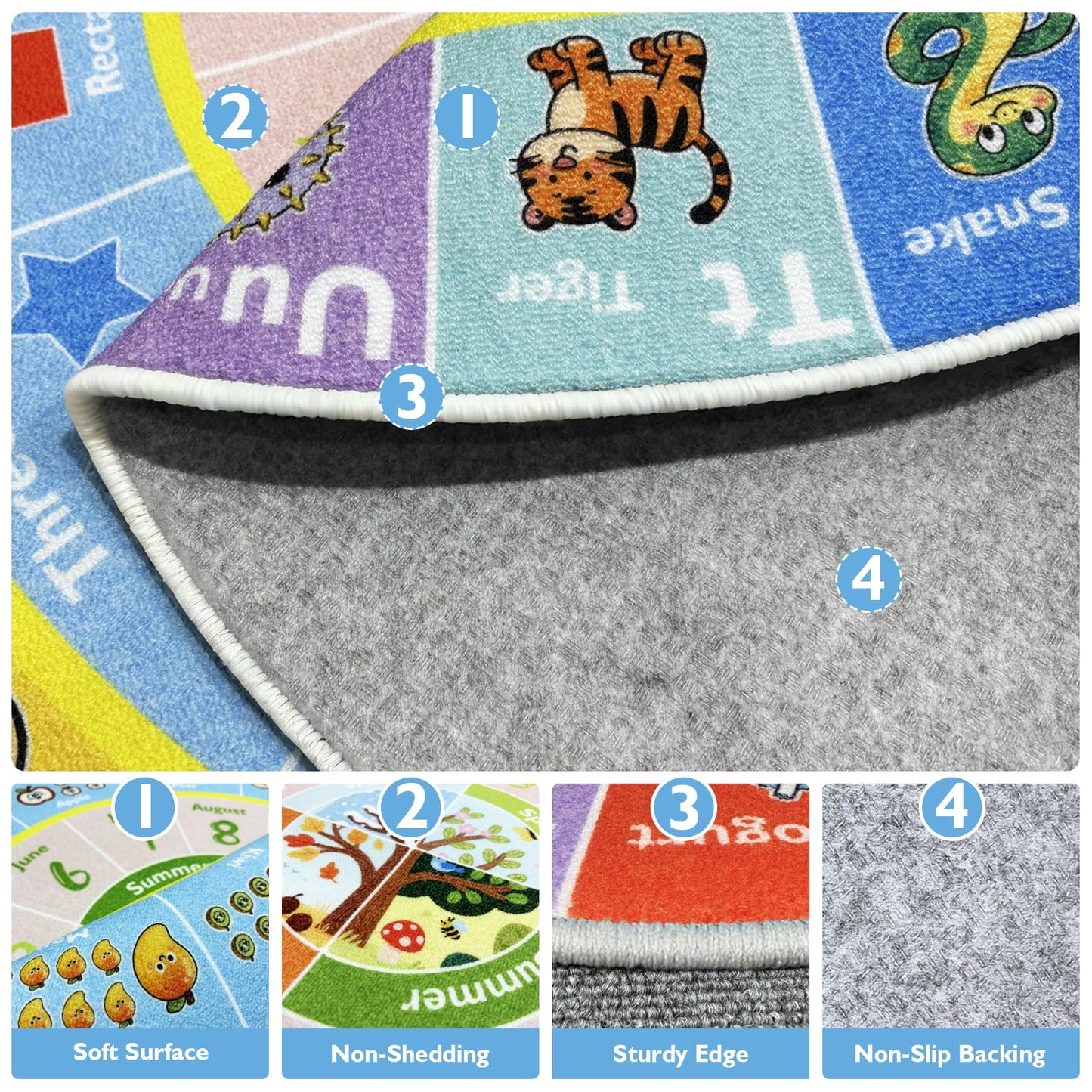 GRAMBET ABC Kids Rug for Playroom, 6ft Round Alphabet Small Classroom Rug, Non-Slip Washable Kids Play Mat, Educational Area Rug for Daycare Preschool Bedroom to Learn Numbers Shapes Seasons