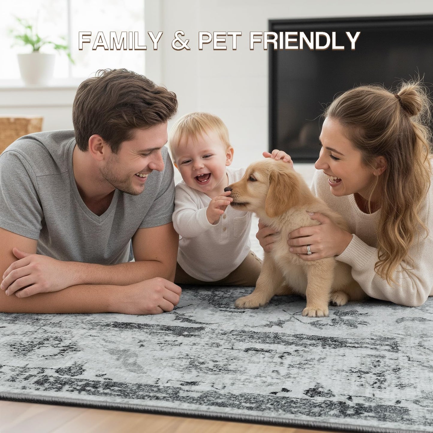 YOH Boho Washable Rug 4x6, Light Gray Vintage Non Slip Area Rug, Distressed Indoor Carpet for Living Room Bedroom Kitchen Office