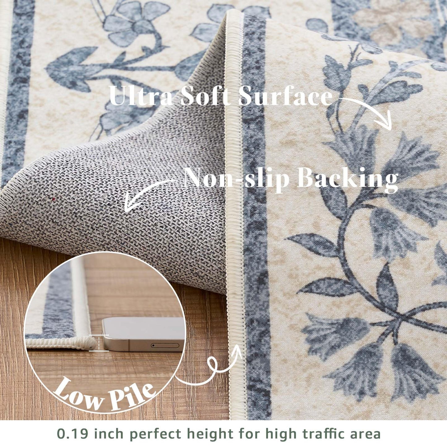jinchan Zenith Floral 5x7 Area Rug Soft Low-Pile Living Room Rug Machine Washable Non-Slip Vintage Botanical Aesthetic Throw Carpet for Bedroom Dining Room Nursery Blue/Cream