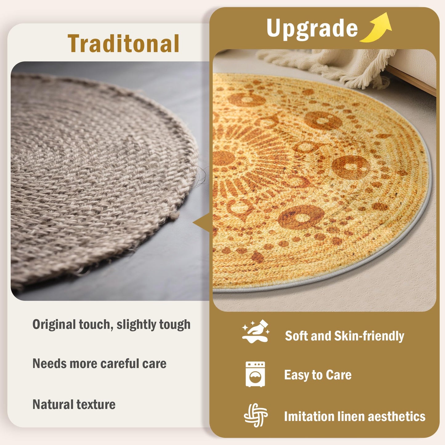 Carvapet 3ft Small Round Accent Rug - Smooth Flat Printed Faux Jute Circle Carpet, 36-Inch Low Pile Washable Skid-Resistant Floor Mat for Indoor Plant Pot Vanity Stool Pet Corner Entryway Bedside