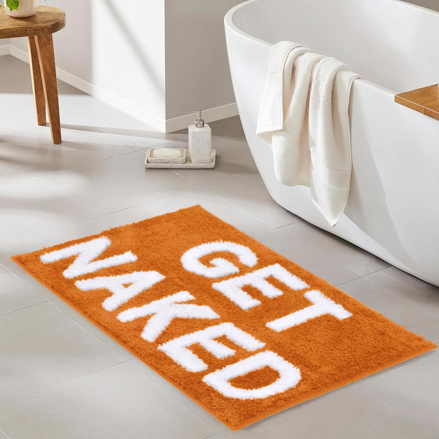 Zeeinx Get Naked Bath Mat Cute Bathroom Rugs Non Slip Microfiber Bath Rugs Funny AutumnBathroom Decor Machine Washable Orange Bath mat for Tub and Shower,16”x24”