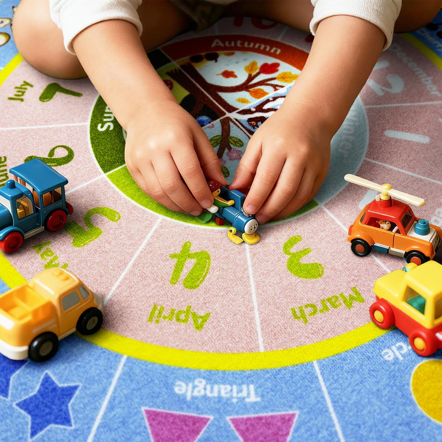 GRAMBET ABC Kids Rug for Playroom, 6ft Round Alphabet Small Classroom Rug, Non-Slip Washable Kids Play Mat, Educational Area Rug for Daycare Preschool Bedroom to Learn Numbers Shapes Seasons