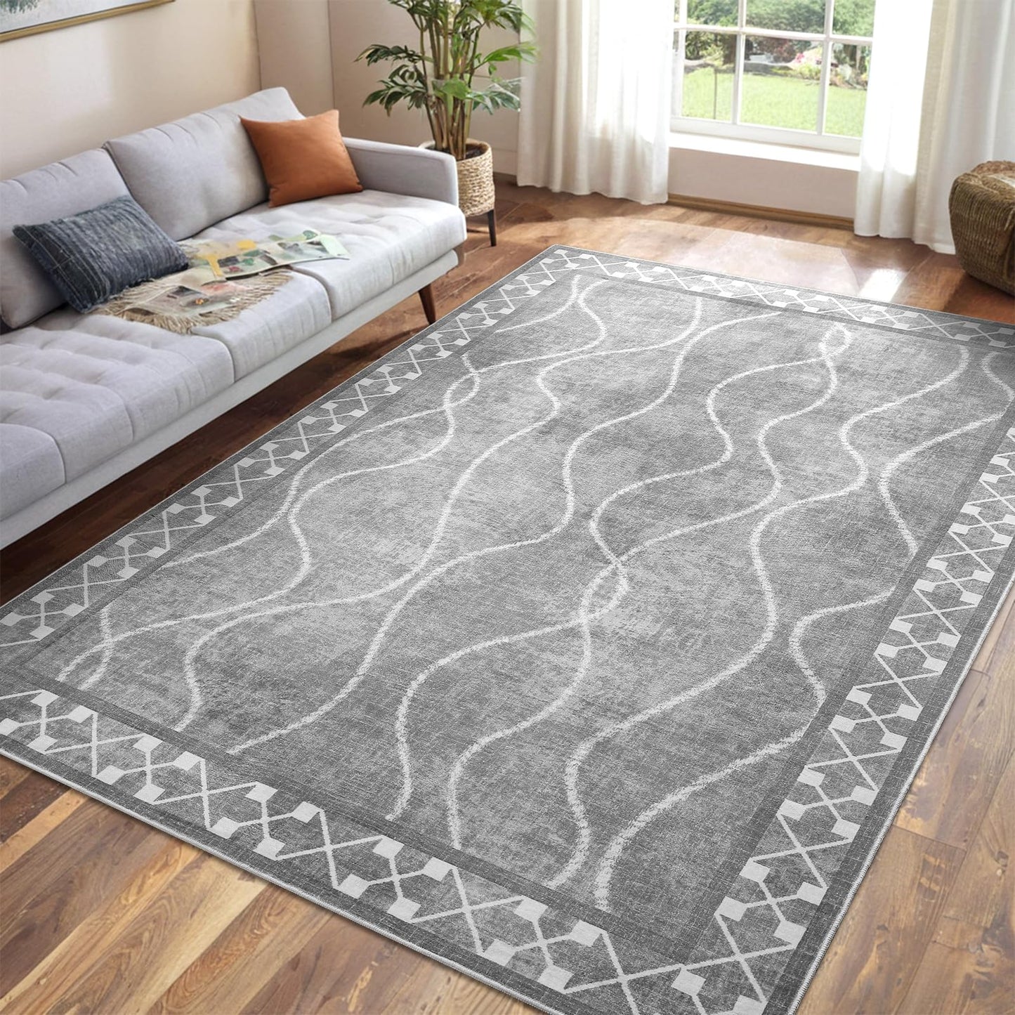 Woottpe 5x7 Light Grey Area Rugs for Living Room, Machine Washable Non-Slip Backing Low Pile Indoor Floor Rugs, Large Modern Carpet for Bedroom Entryway Classroom Playroom Dining Room Home Decor
