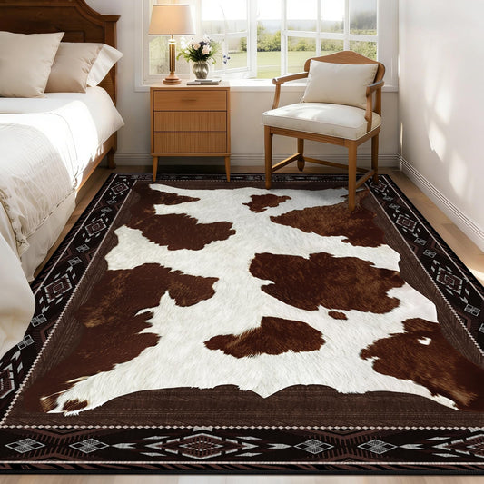 Yinhua Cowhide Rugs for Living Room 4x6 Cow Print Rug for Bedroom Washable, Soft Faux Animal Print Rug Low Pile Non Slip, Western Rustic Rugs for Dining Room Nursery Home Office, Brown and White
