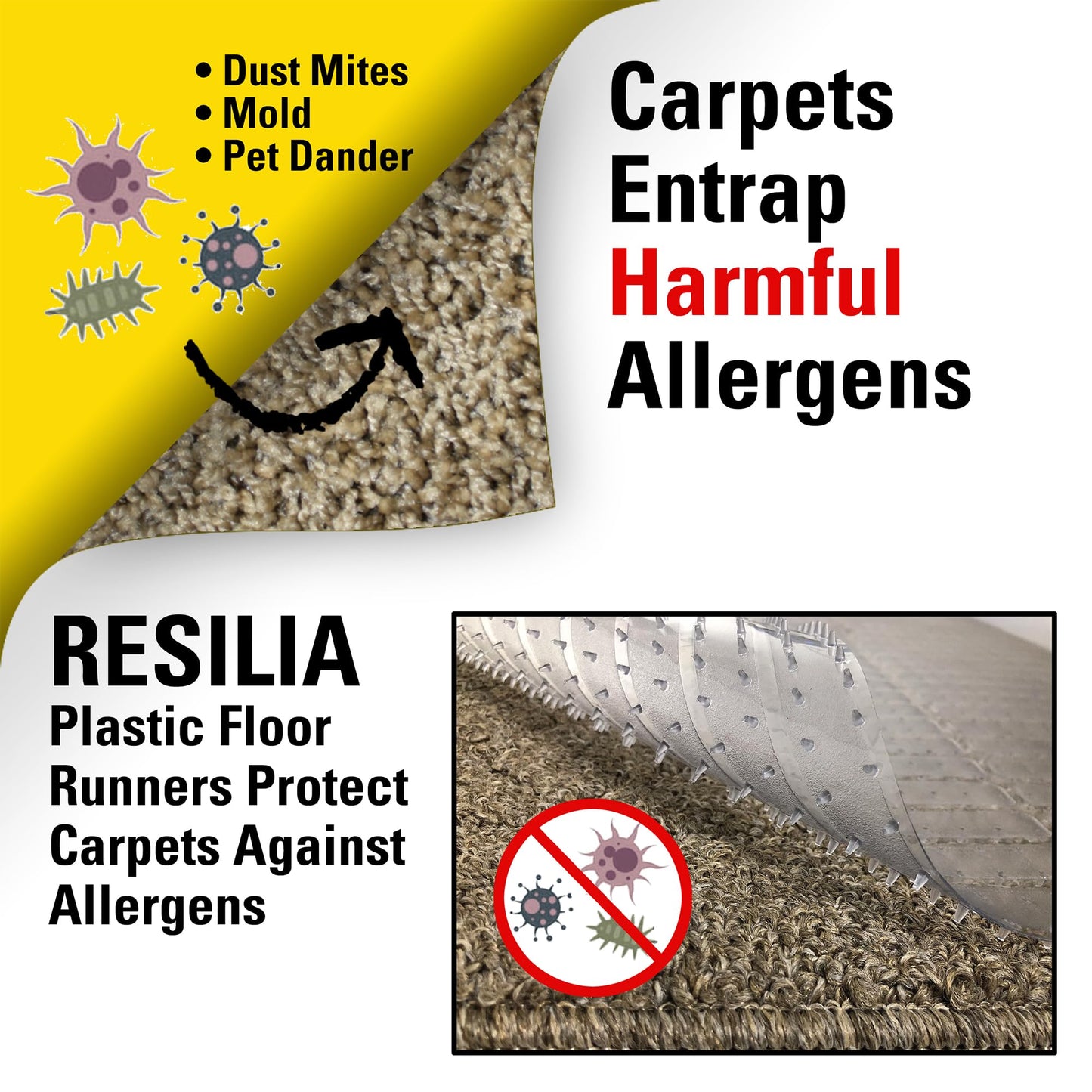 RESILIA Deep-Pile Carpet Runner - Plastic Vinyl Carpet & Rug Protector, Waterproof Clear Vinyl Floor Runners, 27 Inches Wide x 12 Feet Long, Made in The USA