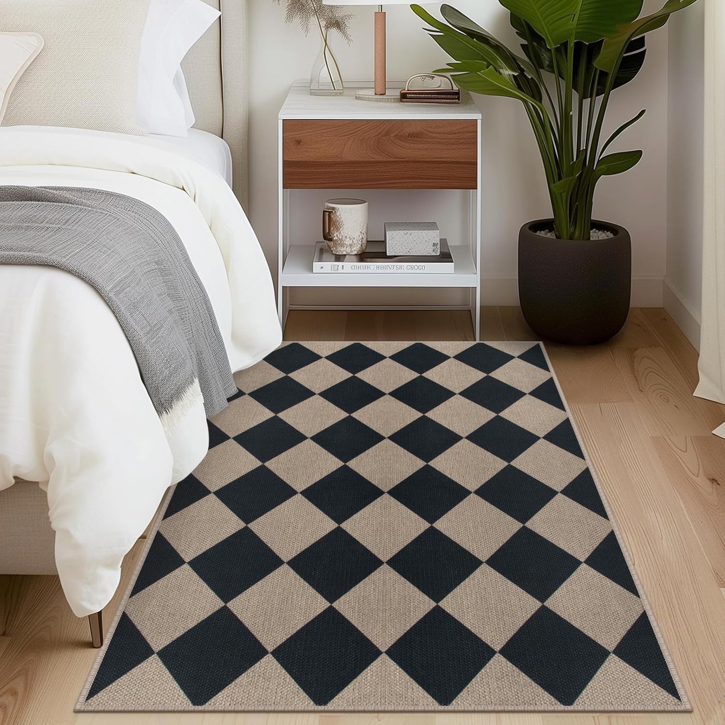 Rugalia Easy Jute Small Outdoor Patio Rug, 3x5 Black Checkered Entryway Rug Washable Modern Diamond Kitchen Rugs, Non-Slip Neutral Farmhouse Throw Carpet for Living Room Porch Backyard