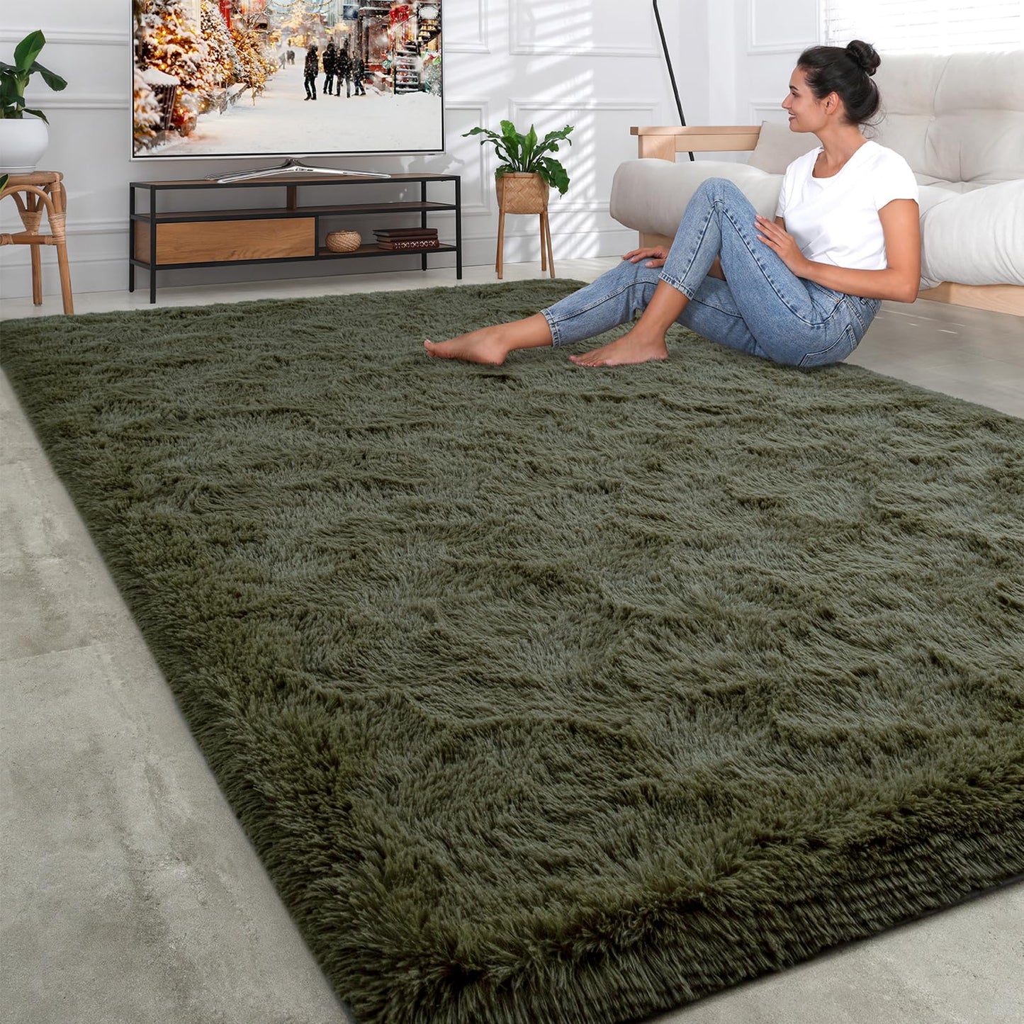 Rtizon Shag Area Rug for Bedroom, 5x8 Feet Fluffy Rugs for Living Room, Plush Carpet with Non-Slip Bottom for Office Girls Boy's Bed Bedside Nursery Room, Olive Green