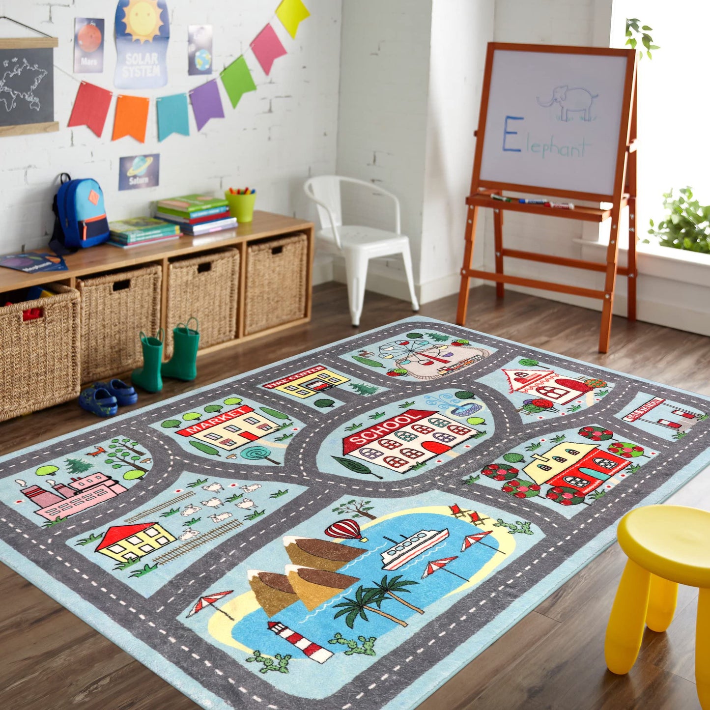 LIVEBOX Large Playroom Rug 5'x7' Kids Play Mat for Classroom, Road Traffic Carpet for Boys Girls Playing Cars Toys, City Life Nursery Car Rug for Toddlers Bedroom Kids Room