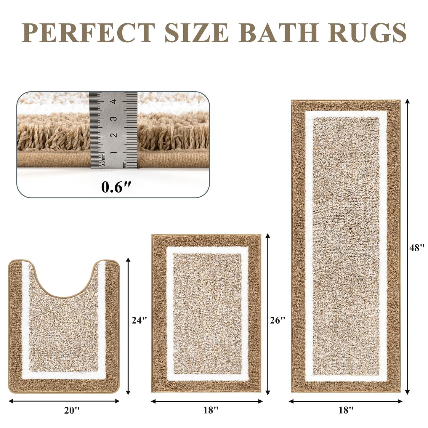Pauwer Bathroom Rugs Sets 3 Piece Bathroom Shower Rugs with U-Shaped Contour Toilet Mat Absorbent Microfiber Plush Non Slip Bath Mats Machine Washable Shaggy Bath Floor Mat, Khaki