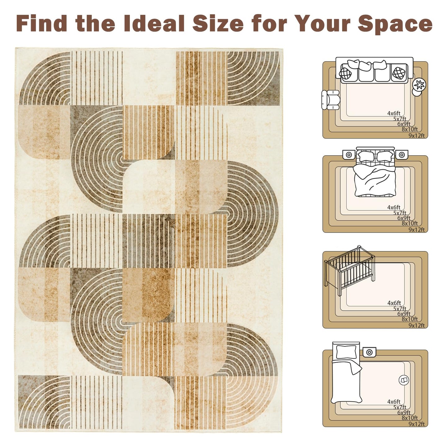OHDS Area Rugs for Bedroom Living Room 4x6 - Soft Beige Mid Century Modern Rug, Washable Non-Slip Indoor Floor Mat Abstract Neutral Carpet for Dining Room Nursery Office Home