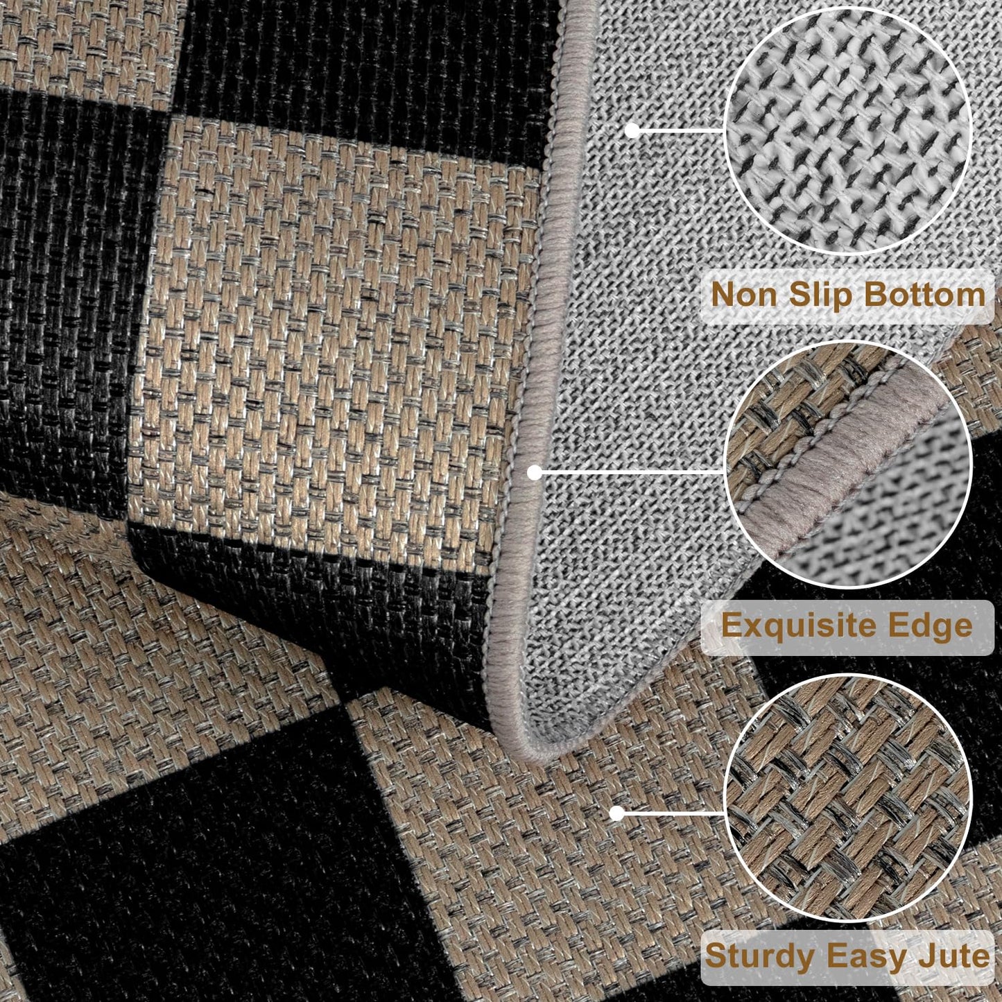 Rugalia Easy Jute Checkered Entryway Rug, 2x3 Black Modern Indoor Outdoor Doormat, Washable Non-Slip Small Kitchen Rug Farmhouse Checkerboard Throw Rugs for Entrance Bedroom Bathroom