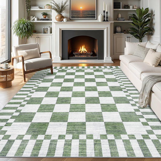 GarveeHome 8×10 Area Rugs for Living Room,Sage Green Checkered Rug, Non-Slip Washable Rugs 8x10,Soft Low-Pile Farmhouse Geometric Modern Rug for Bedroom Dining Room
