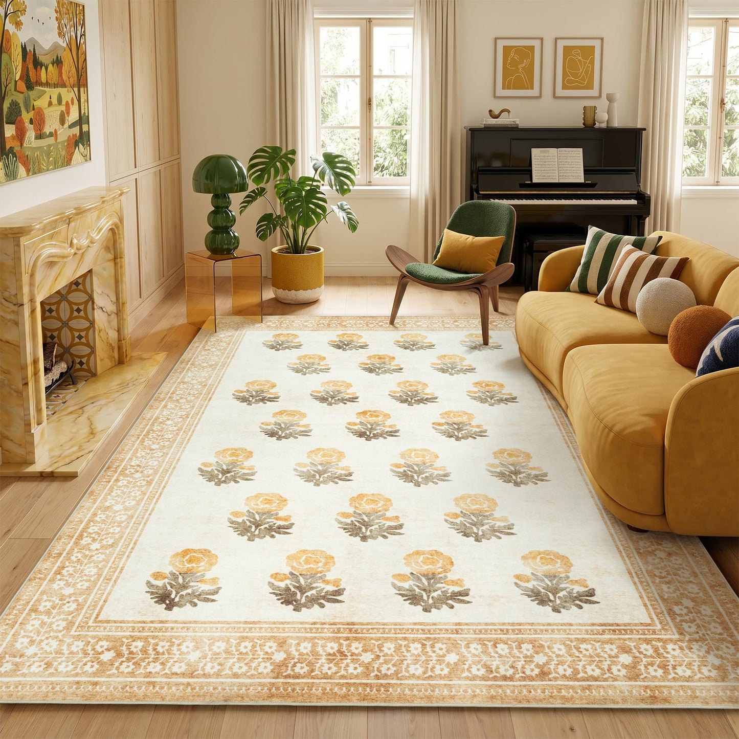 Sparkle Gaze Beige Brown Floral Living Room Rug 5x7 Area Rug - Vintage Washable Rug for Dining Room, Bedroom, Ultra Soft Low Pile Non Slip Stain Resistance Distressed Boho Farmhouse Flower Carpet