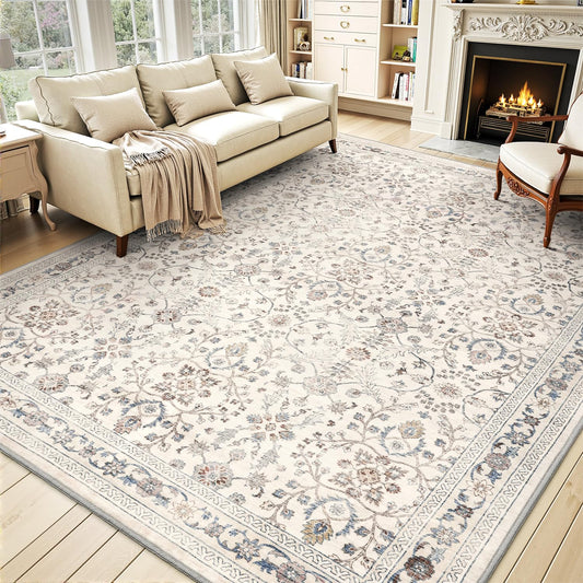 MontVoo-Vintage Area Rug 8X10 Beige for Living Room - Soft Distressed Printed Carpet for Bedroom - Non Slip, Machine Washable for Dining Room, Bedside, Office