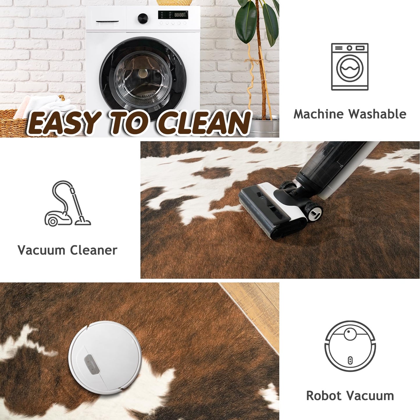 plumlik Cowhide Rug Area Rugs for Living Room, 8x10 Cow Print Rug Machine Washable for Bedroom Dining Room Western Home Decor Non-Slip Low Pile Indoor Floor Carpet