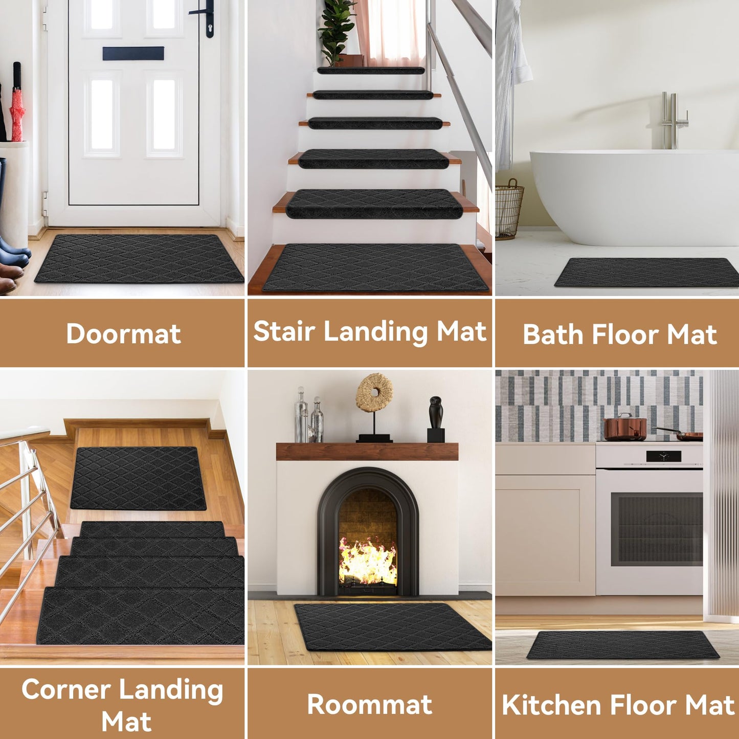 NEKL Bullnose Stair Landing mat, Peel and Stick Carpet Stair Treads for Wooden Steps Indoor with Adhesive Non-Slip Backing - Diamond Pattern - Black