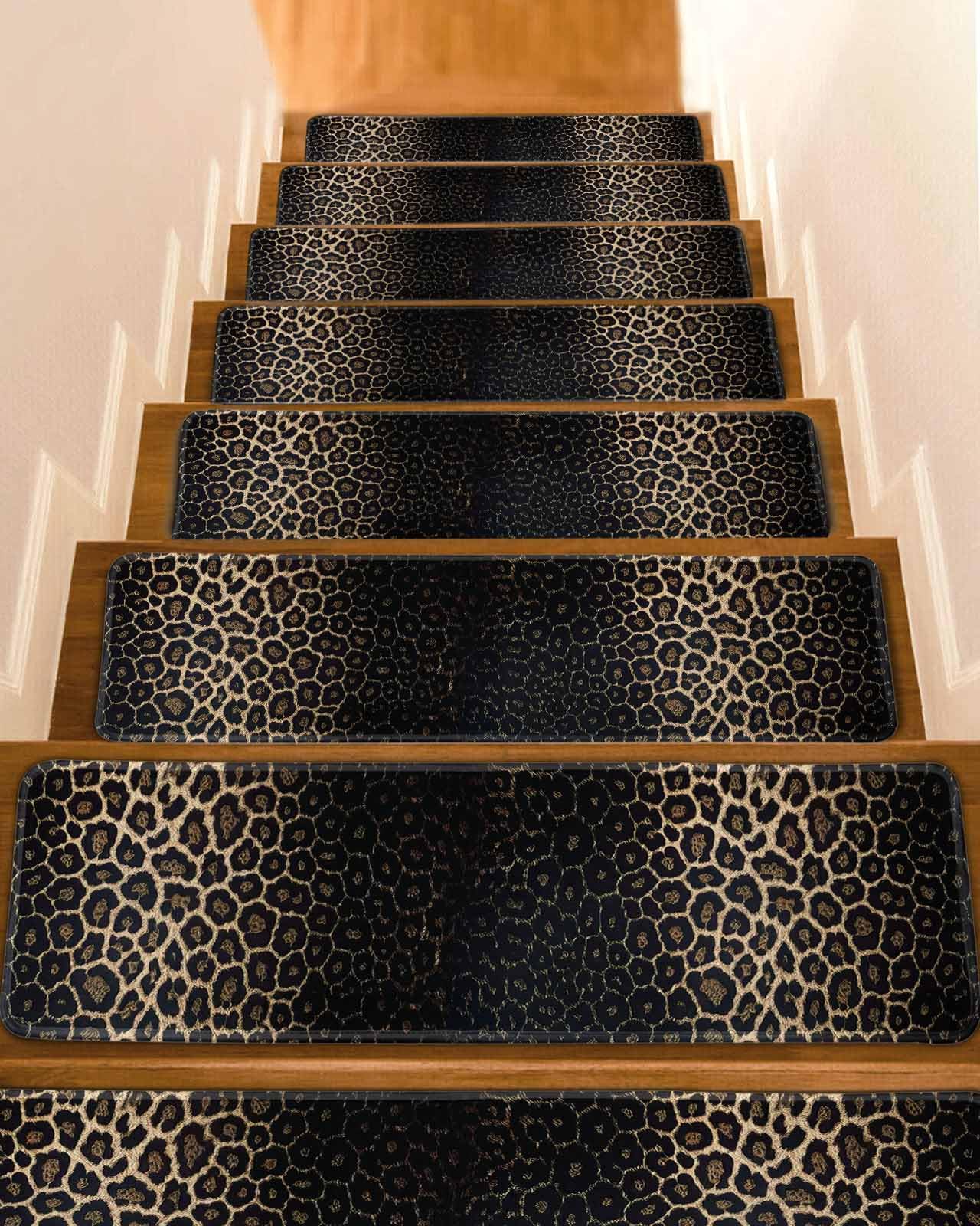 Leopard Print Stair Treads for Wooden Steps Indoor Runner Rug Carpet, Chic Abstract Black Brown Animals Texture 15 Pieces Peel and Stick Staircase Step Treads Covers Washable Throw Door Mats 30"x8"