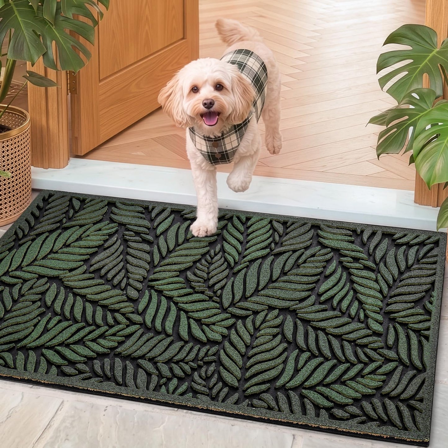 DEXI Front Door Mat Outside Entrance 17x30, Rubber Entry Doormat Heavy Duty Non Slip, Welcome Entryway Mats Dirt Trapping for Exterior Patio Garage, Green Leaves