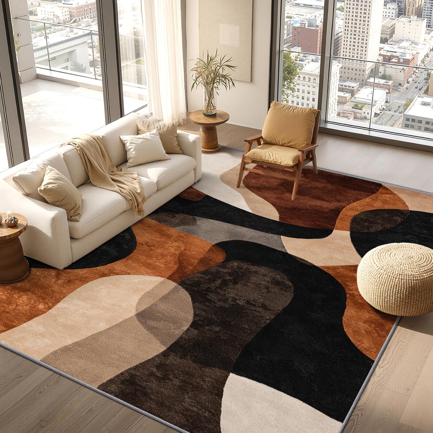 Phtbz Modern Abstract Rugs for Living Room - 5x7 Area Rugs, Earth Tone Geometric Rug, Brown Abstract Mid Century Rug for Living Room, Neutral Geometric Washable Bedroom Carpet, Mid Century Home Decor