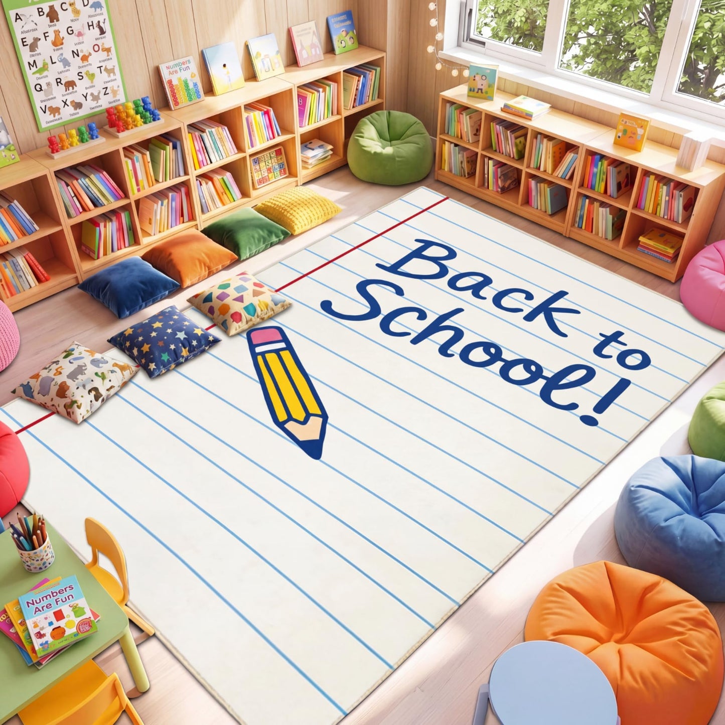 Breling 5 x 7.6 ft Large Classroom Area Rug Composition Notebook Rug Elementary Educational Carpet Back to School Decor for Teachers Library Nursery Playroom Reading Corner Daycare Learning Space