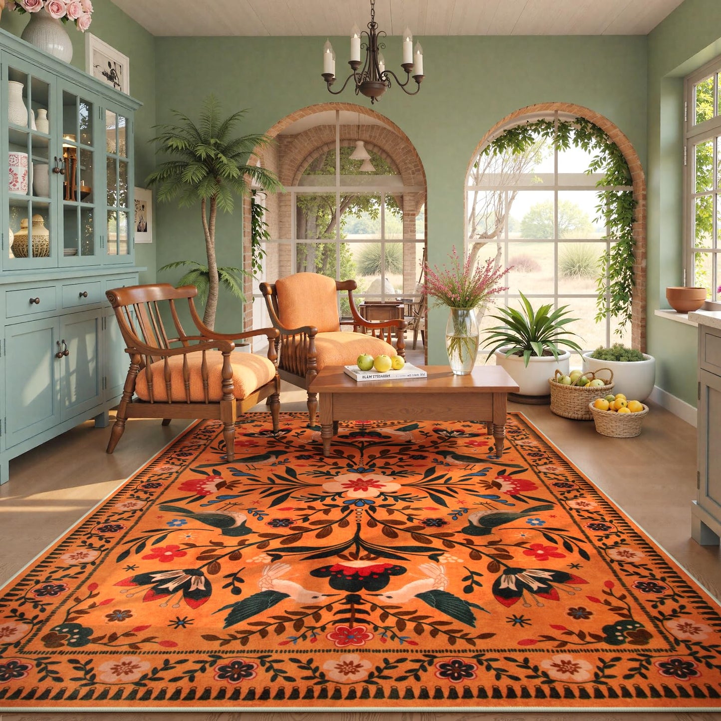 Moynesa Area Rugs 9x12 Fall Home Decor, Bohemian Scandinavian Modern Country Aesthetic Floral Bird Medallion Carpet for for Living Room Bedroom Dining Room,Non-Slip Washable Floor Protection