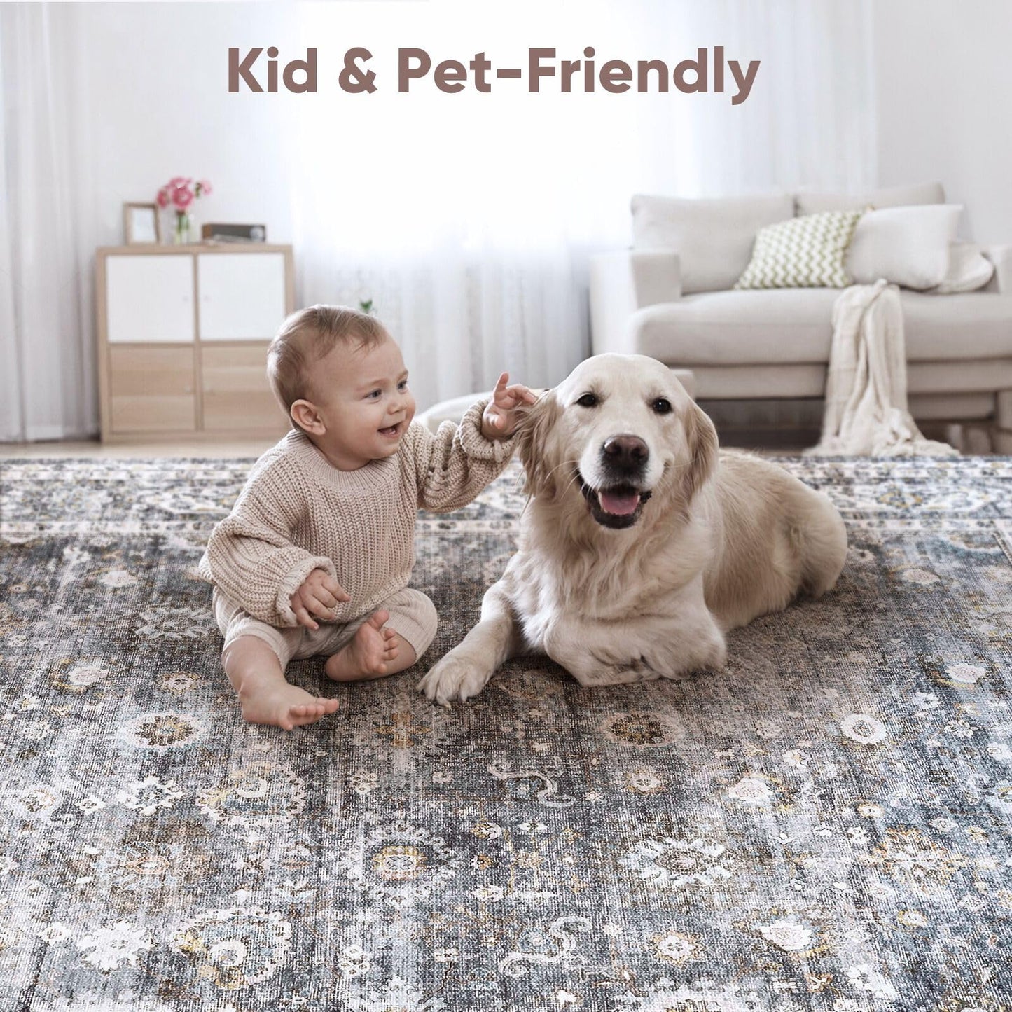 Rugcomf 8x10 Rug Washable Boho Soft Large Area Rug Non-Slip Faux Wool Vintage Rug for Living Room, Farmhouse, Dining Room, Indoor, Kids Playroom (Grey)