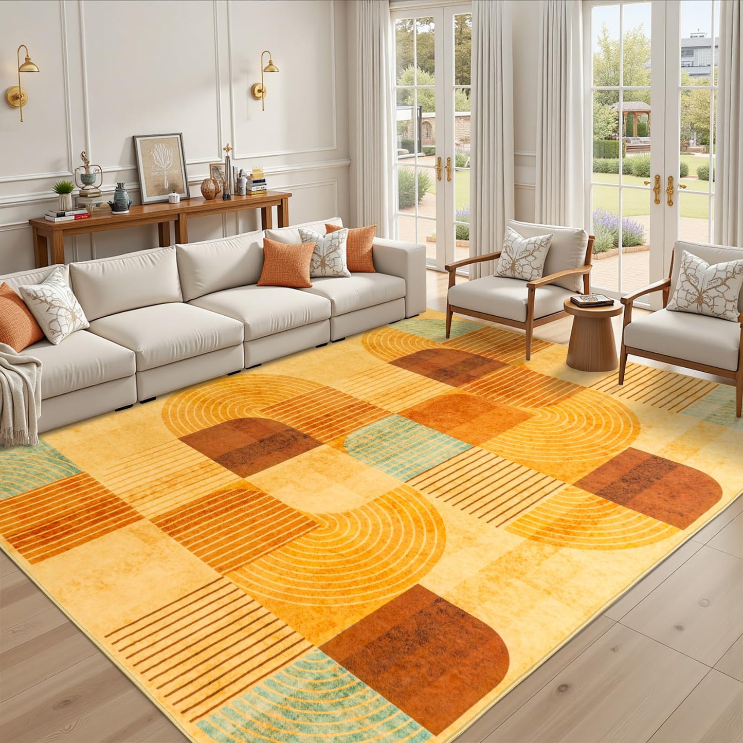 OHDS 5x7 Area Rugs for Living Room, Soft Modern Geometric Rug for Bedroom, Washable Non-Slip Indoor Floor Abstract Carpet for Dining Room Nursery Home，Multi/Orange