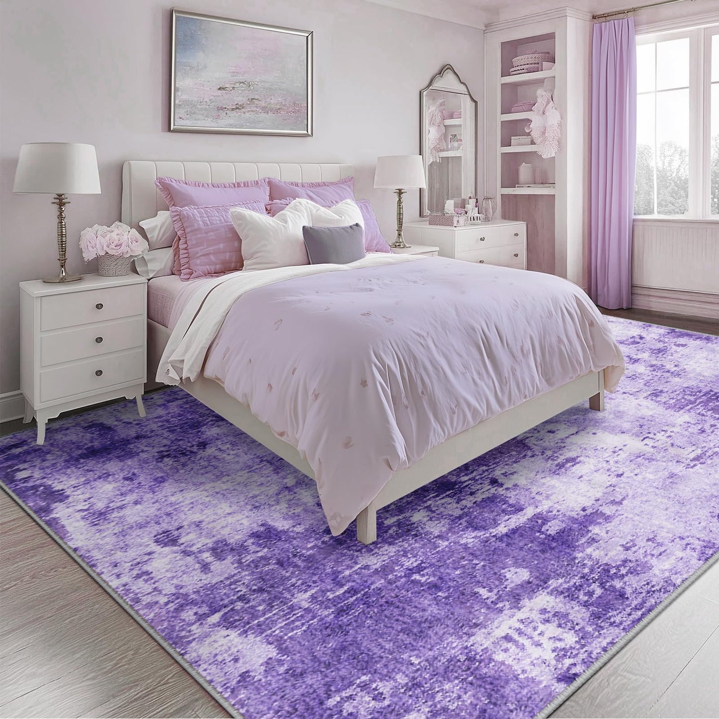 RELEANY Washable Area Rugs 5'x7' Non-Slip Modern Abstract Soft for Living Room Entryway Bedroom Kitchen, Print Pattern, Purple Gray Pink White